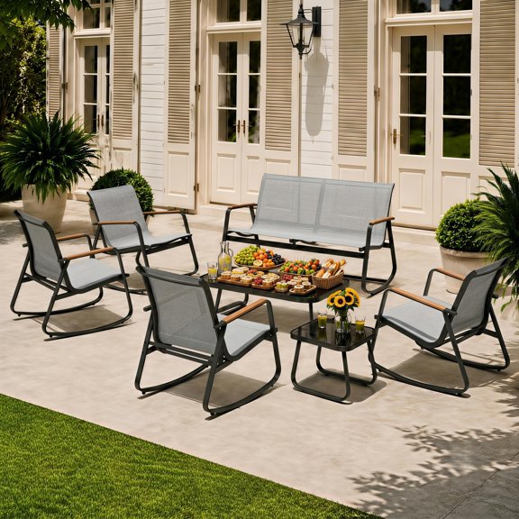 Noelse 7 Piece Outdoor Patio Furniture Set, Textilene Rocking Chair Set with Bench, 4 Rocking Chairs, Glass Coffee Tables for Porch, Lawn & Garden, Gray