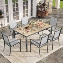 Noelse 7 Piece Patio Dining Set with Umbrella Hole, Outdoor Dining Table and 6 Stackable Textilene Chairs, Rust-Resistant Steel Frame Patio Furniture Set for Backyard, Deck, Garden, Gray