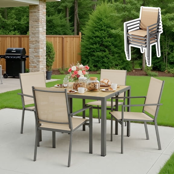 Patio Dining Set 4 Pieces Noelse Outdoor Patio Furniture with Detachable umbrella hole, Table and 4 Stackable Textilene Chairs for Porch, Poolside, Yard, Brown