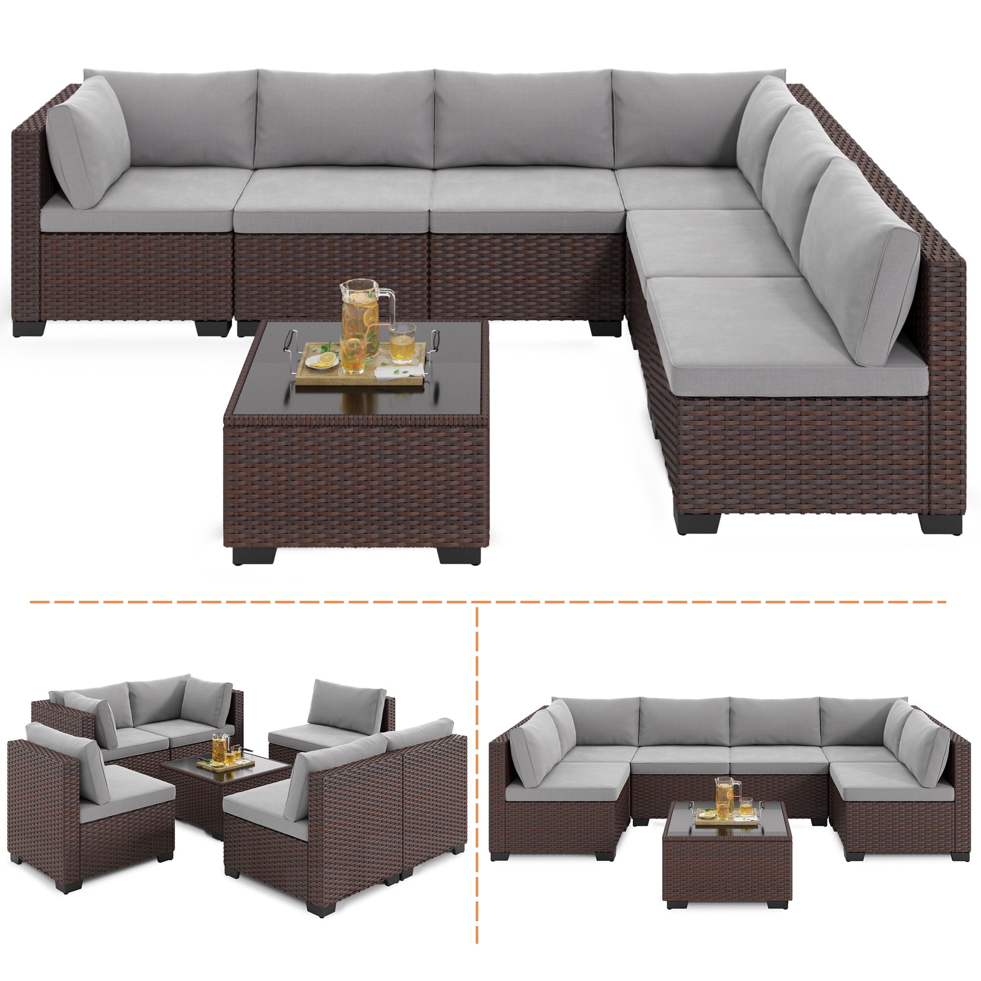 Walmart Deal of Walmart Black Friday Deals 2025 - Noelse 7 Pieces Patio Furniture Set, Outdoor Sectional Outdoor Wicker Sofa Set with Thick Cushions and Coffee Table for Balcony, Garden, Porch (Gray)