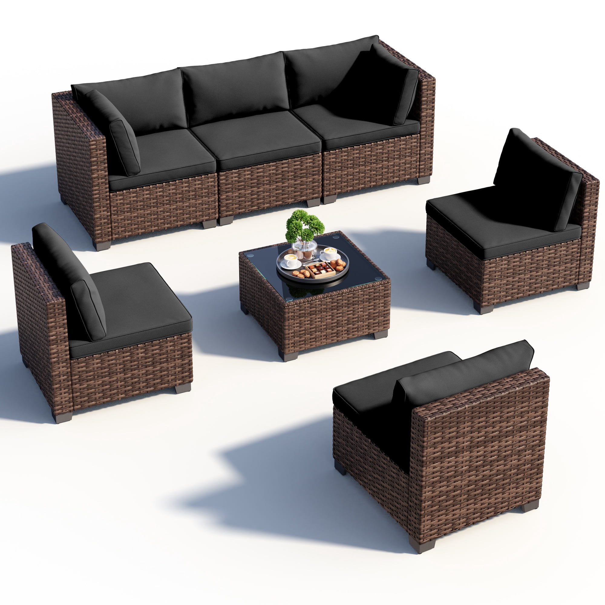 Noelse 7 Pieces Outdoor Patio Furniture Set, Wicker Sectional Sofa Set Sectional Conversation Sets with Cushions and Coffee Table for Garden, Balcony, Porch, Black