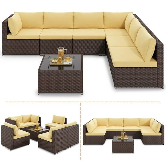 Noelse 7 Pieces Outdoor Patio Furniture Set, Wicker Sectional Sofa Set Sectional Conversation Sets with Cushions and Coffee Table for Garden, Balcony, Porch, Beige