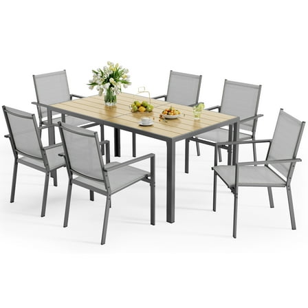 Noelse Patio Table and Chairs Set for 6, Outdoor Dining Set includes 59.5" Rectangle Table with Side Umbrella Hole and 6 Textilene Patio Chairs for Poolside, Gray