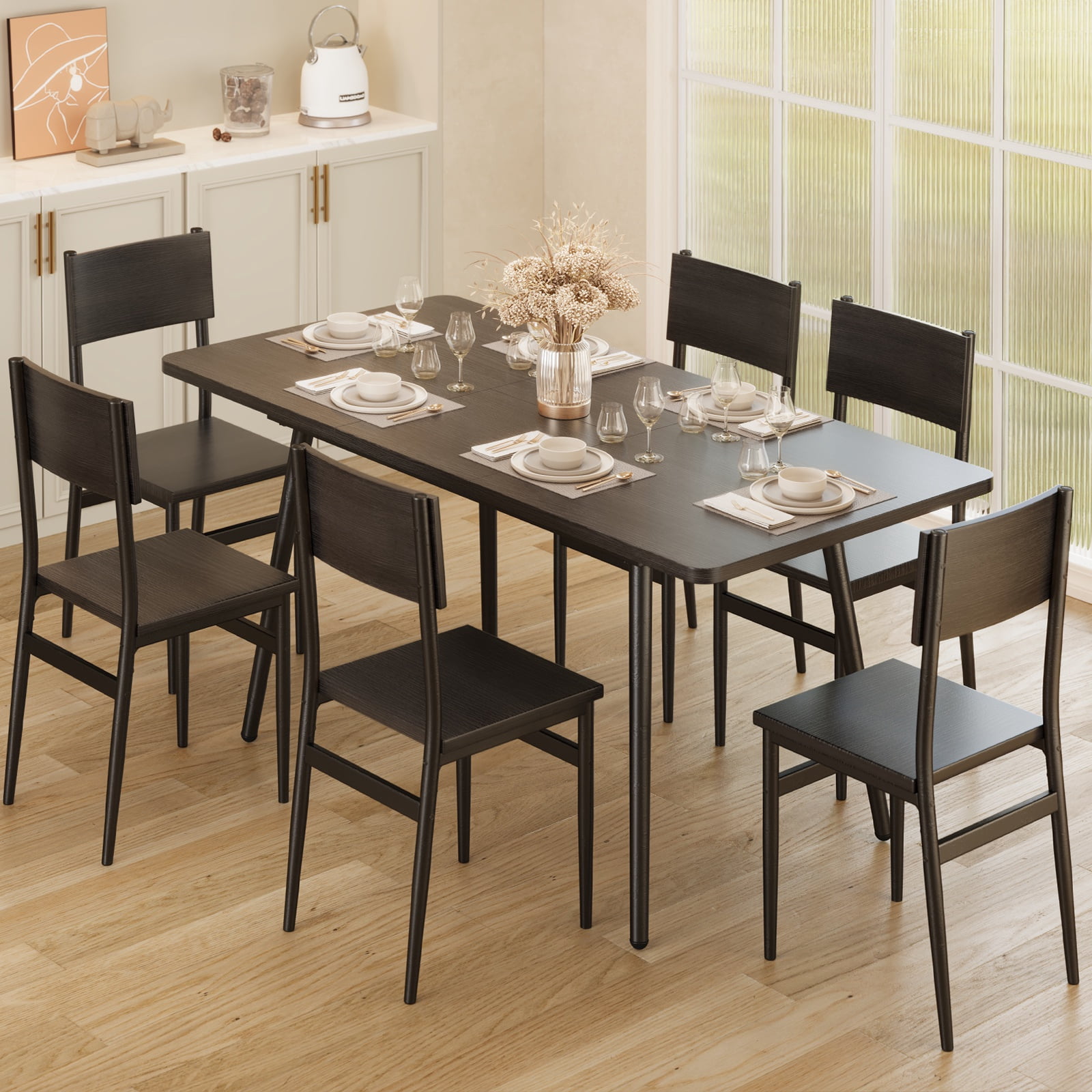 Noelse 63"Extendable Dining Table Set for 4-6 People, 7-Piece Space ...