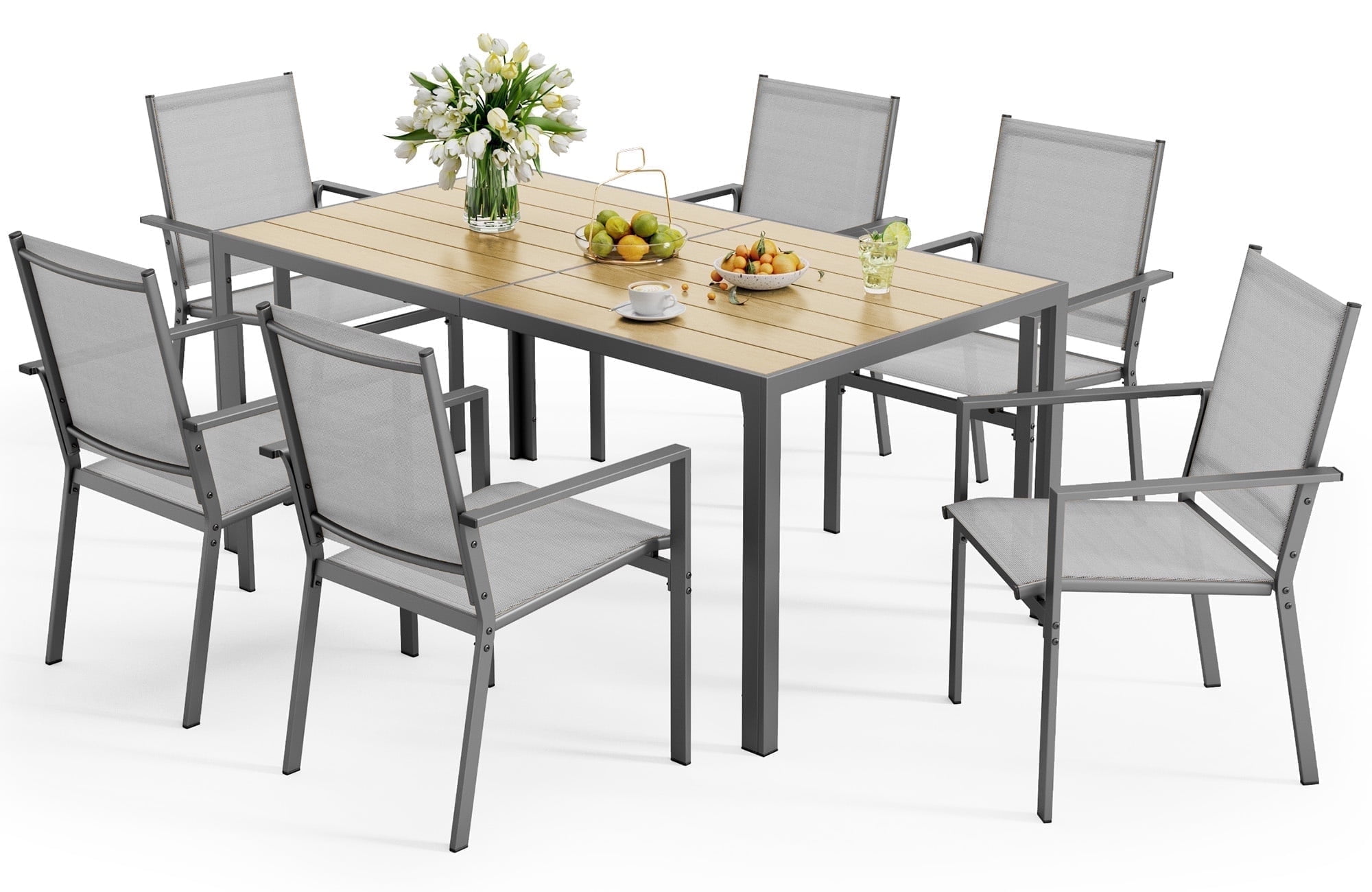 Patio Dining sets for 6, Noelse Outdoor Dining Set includes 59.5" Rectangle Table with Side Umbrella Hole and 6 Textilene Patio Chairs for Backyard, Gray