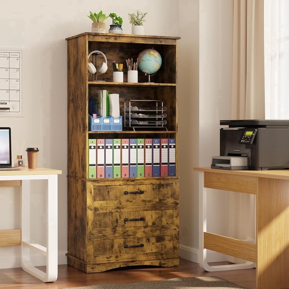 Noelse 70'' Tall Bookshelf with Drawers Wooden Bookcase with 3 Drawers Multifunctional Book Storage Organizer for Office Living Room and Bedroom,Rustic Brown