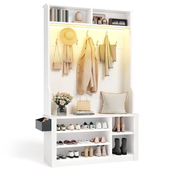 Noelse 71''H LED Hall Tree with Bench and Shoe Storage, Entryway Bench with Coat Rack, 7 Shoe Cubbies and Umbrella Holder, Mudroom, Hallway Storages Cabinet (White )