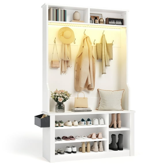 Noelse 71''H LED Hall Tree with Bench and Shoe Storage, Entryway Bench with Coat Rack, 7 Shoe Cubbies and Umbrella Holder, Mudroom, Hallway Storages Cabinet (White )