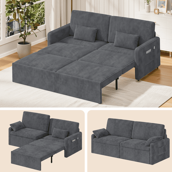 Noelse 79" Convertible Sofa Bed, 6-in-1 Pull-Out Sleeper, Corduroy Loveseat Chaise Lounge, Dark Gray