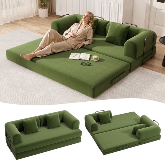 Noelse 78.7" Convertible Sofa Bed, Folding Floor Sleeper Sofa with Corduroy Upholstery, 2-Fold Boneless Futon Couch, No Assembly Floor Sofa for Living Room, Bedroom, Green