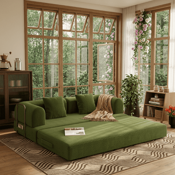 78" Boneless Couch, Noelse 5-in-1 Convertible Sofa Bed with Fixed-Shape Frame, Removable Armrests, Boneless Sofa, No Assembly Required, Corduroy, Living Room, Green