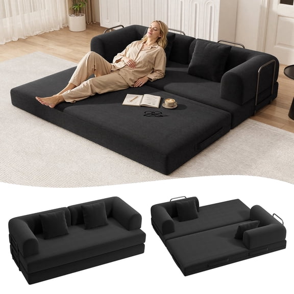 Noelse 78.7" Sofa Bed, Folding Convertible Sleeper Futon Couch, Floor Mattress Sofa for Small Spaces, No Assembly, Black (2 Pillows Included)