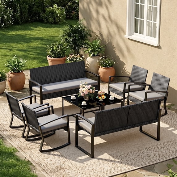 Noelse 8 Piece Outdoor Patio Furniture Set with 4 Rocking Chairs, 2 Loveseats, 2 Glass Coffee Tables, Outdoor Conversation Set for Backyard, Deck, Dark Gray