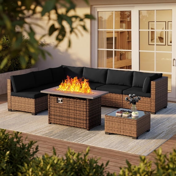 Noelse 8 Piece Outdoor Patio Furniture Set with 45" Propane Gas Fire Pit Table, Outdoor Sectional Conversation Set Wicker Rattan Sofa Set with Coffee Table, Black
