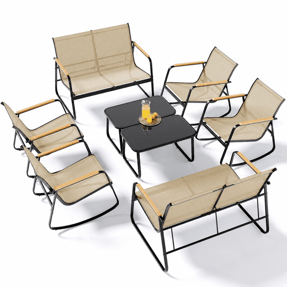 Noelse 8 Piece Outdoor Patio Furniture Set, Textilene Conversation Set with 4 Rocking Chairs, 2 Loveseats and 2 Glass Coffee Tables, Weather-Resistant, Brown