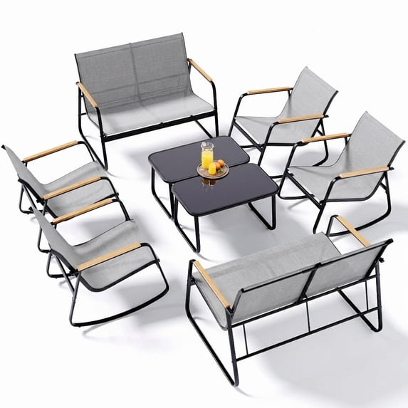 Noelse 8 Piece Outdoor Patio Furniture Set, Textilene Conversation Set with 4 Rocking Chairs, 2 Loveseats and 2 Glass Coffee Tables, Weather-Resistant, Grey