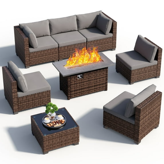 Noelse 8 Piece Patio Furniture Set with 50,000 BTU Propane Fire Pit Table, All-Weather Wicker Outdoor Sectional Sofa with Cushions & Coffee Table, Gray