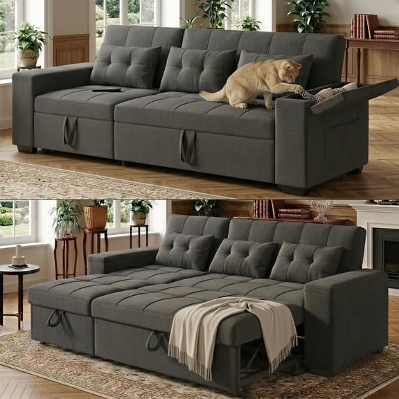 Noelse Sectional Sleeper Sofa, 84 Inch Pull Out Couch with Adjustment Backrest & Ottoman, Convertible Sectional Couch Bed for Living Room, Guest Room, Dark Grey