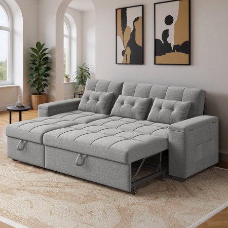 Noelse 87" Convertible Sofa Bed, Queen Size Sleeper with Pull Out Couch, 3 in 1 Sectional Sleeper Sofa with Side Pockets, Storage Armrest, Adjustable Backrest for Living Room, Grey