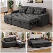 Noelse 87 Convertible Sofa Bed, Queen Size Sleeper with Pull Out Couch, 3 in 1 Sectional Sleeper Sofa with Side Pockets, Storage Armrest, Adjustable Backrest for Living Room, Dark Grey