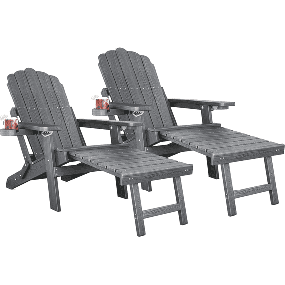 Noelse Folding Adirondack Chair Set of 2, HDPE Adirondack Chairs with Retractable Ottoman and 5-Level Adjustable Backrest, Gray