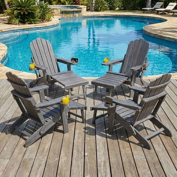 Noelse Adjustable Backrest Folding Adirondack Chair Set of 4, Adirondack Chair with Retractable Ottoman, Fire Pit Chair with 2 Cup Holders, for Porch Backyard, Gray