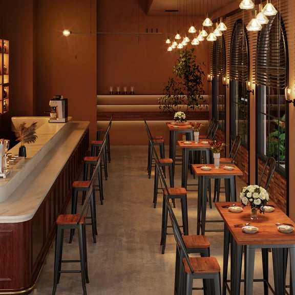 Noelse Bar Table and Chairs Set, Pub Table and Chairs Set of 2 with Elm Solid Wood and Thickened Metal Frame, for Bar, Small Space, Bistro Cafe