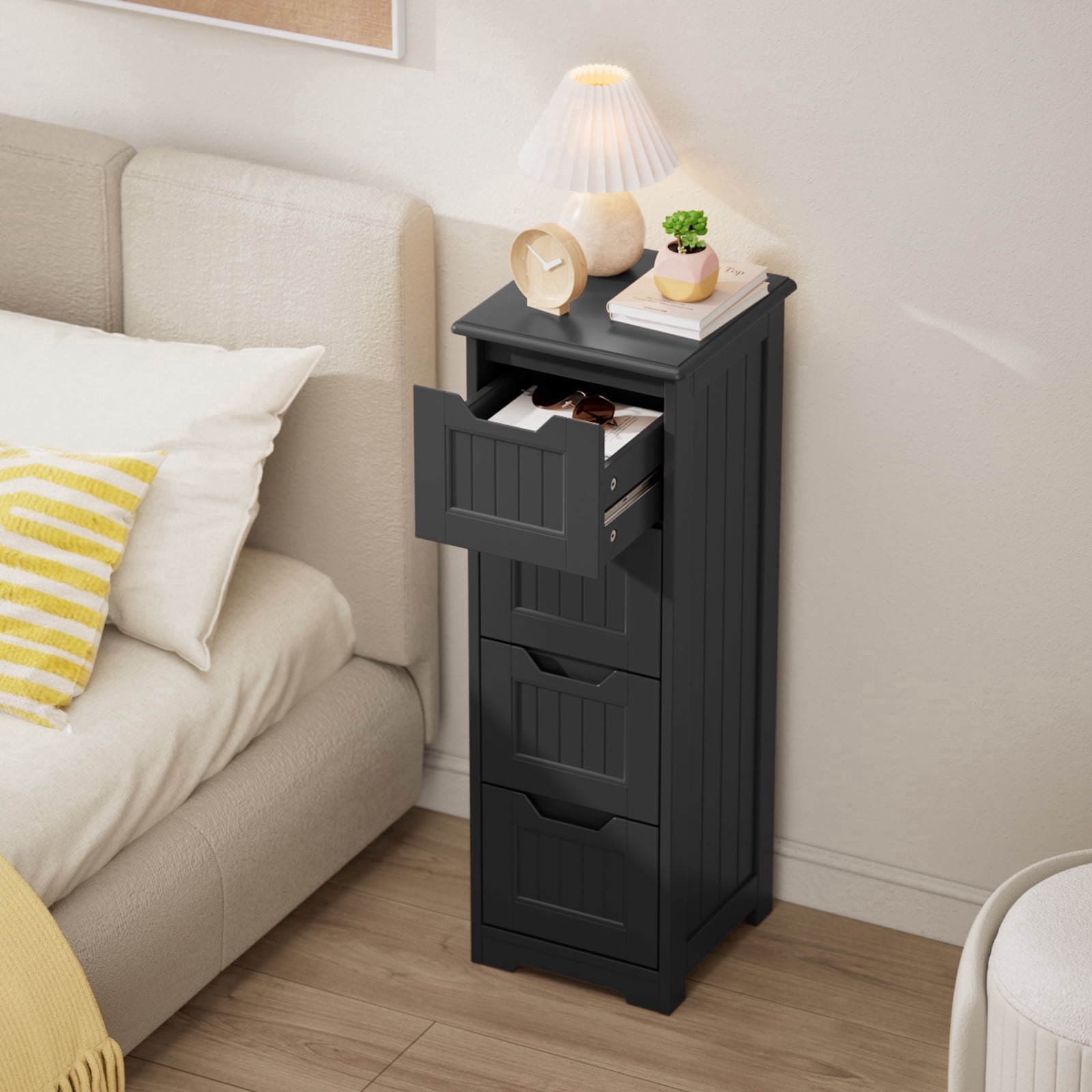 Noelse Bathroom Floor Cabinet Wooden Storage Cabinet with 4 Drawers Free-Standing Cabinet for Hallway Living Room and Bathroom, Black