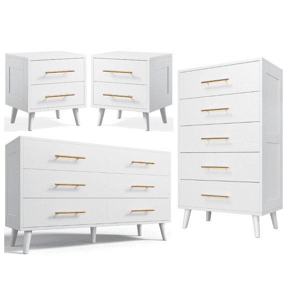 Noelse Bedroom Furniture Set, 6 Drawer Dresser + 5 Drawer Chest + Nightstands Set of 2, Modern Wood Bedroom Set with Metal Handles, Storage Furniture for Bedroom, White