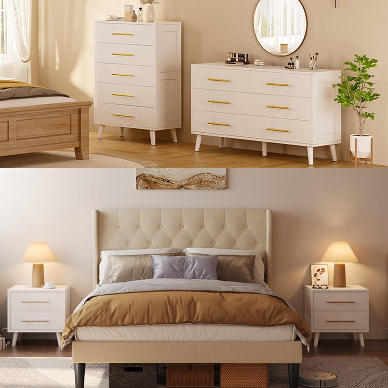 white bed frame brown dresser Law Bedroom (Queen Frame With Headboard & Dresser With Mirror & Ottoma main image 0