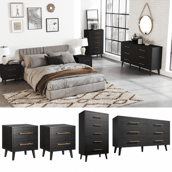 Noelse Bedroom Set with Storage, Includes 6 Drawer Dresser, 5 Drawer Chest, and 2 Nightstands, Modern Bedroom Furniture Set for Small Spaces Wood Dresser Set with Metal Handles,Black