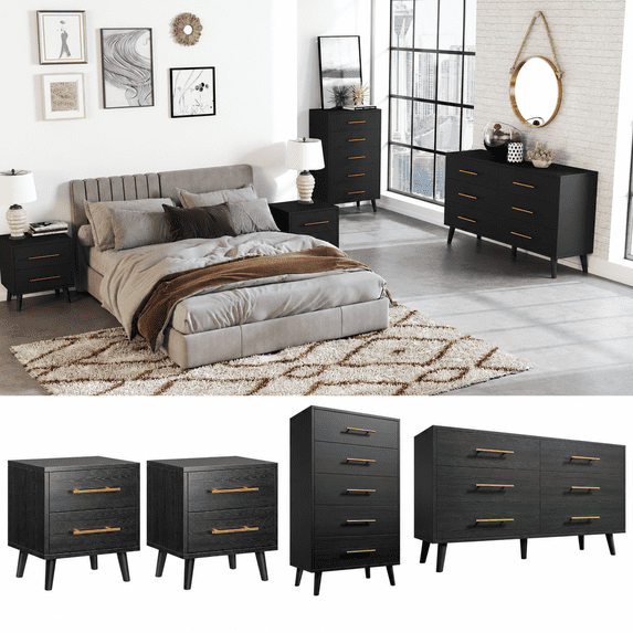 Noelse Bedroom Set with Storage, Modern Small Space Bedroom Furniture Set Includes 6 Drawer Dresser, 5 Drawer Chest, 2 Nightstands, Black Wood Dresser Set
