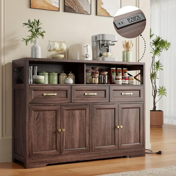 Noelse Coffee Bar Cabinet with Storage and Charging Station, Kitchen Buffet Sideboard Cabinet, 3 Drawers Farmhouse Coffee Station with Adjustable Shelf, Dark Brown