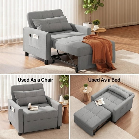 Noelse 3 in1 Convertible Sleeper Chair Bed, Small Sofa Chair Bed with Adjustable Backrest, Pull Out Couch Bed Chair for Living Room Bedroom Apartment, Gray