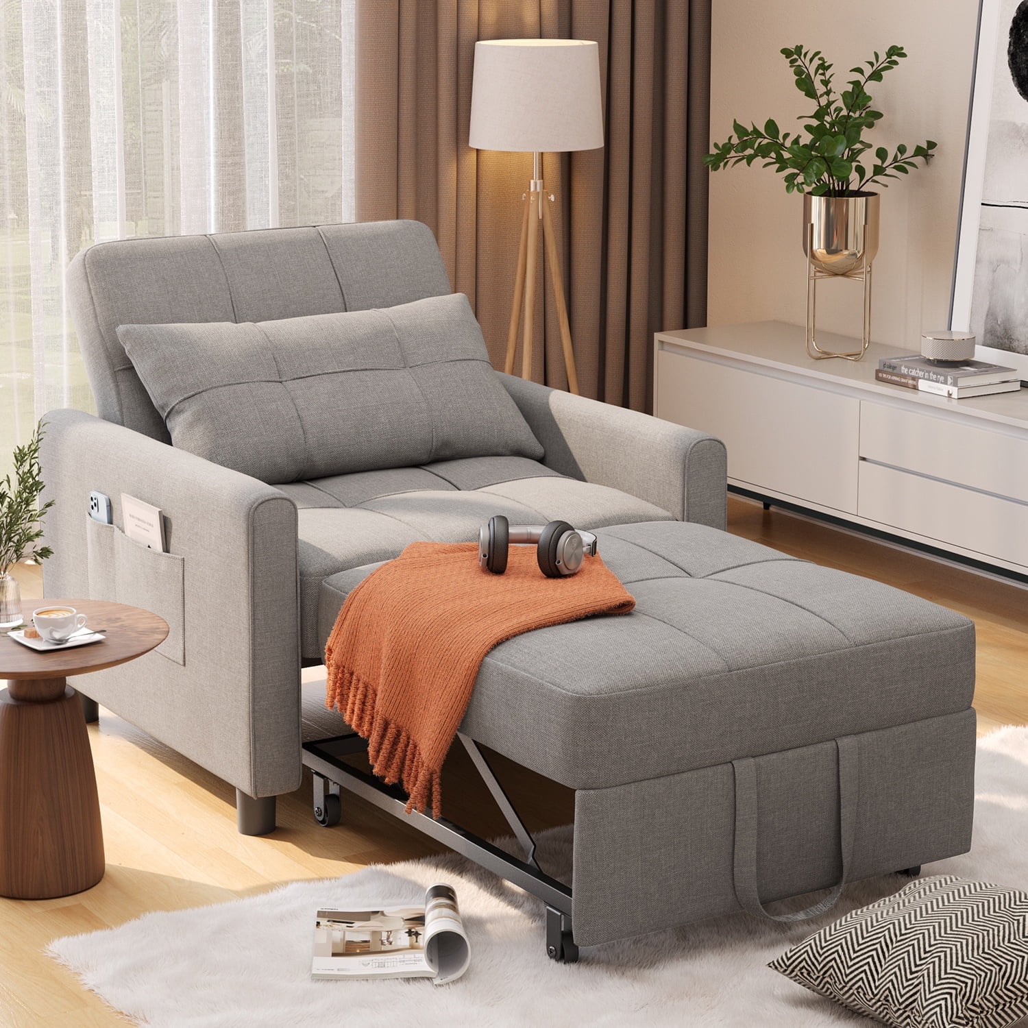 Gray Metal Convertible Sofa Chair Bed with Pillow