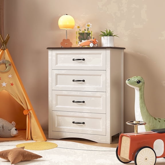 Noelse Dresser for Bedroom with 4 Drawers, Tall Wood Dresser with Large Drawer & Delicate Metal Handles, Wooden Chest of Drawers Storage for Hallway, Living Room and Office, White and Rustic