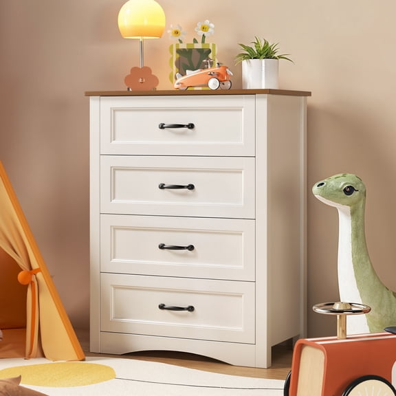 Noelse Dresser for Bedroom with 4 Drawers, Tall Wood Dresser with Large Drawer & Delicate Metal Handles, Wooden Chest of Drawers Storage for Hallway, Living Room and Office, White and Rustic