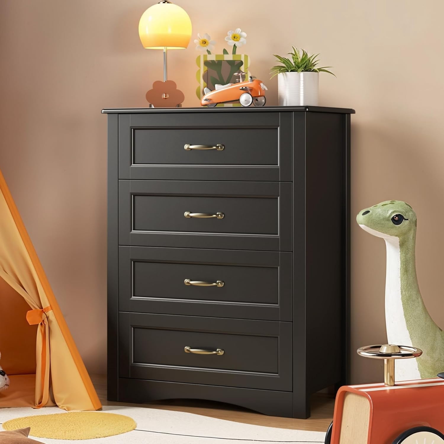 Noelse Dresser for Bedroom with 4 Drawers Wooden Chest of Drawers for Closet Dresser Storage Unit Organizer for Hallway Living Room and Office, Black