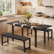 Noelse Extendable Dining Table Set with Benches, 63" Space Saving Kitchen Dining Table for 2 6 People, Modern Wood 3-Piece Dining Room Set, Black