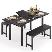 Noelse Extendable Dining Table Set with Benches, 63 Space Saving Kitchen Dining Table for 2 6 People, Modern Wood 3-Piece Dining Room Set, Black