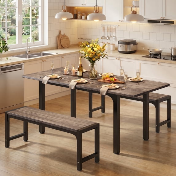 Noelse Extendable Dining Table Set with Benches, 63" Space Saving Kitchen Dining Table for 6 People, Modern Wood 3-Piece Dining Room Set, Gray
