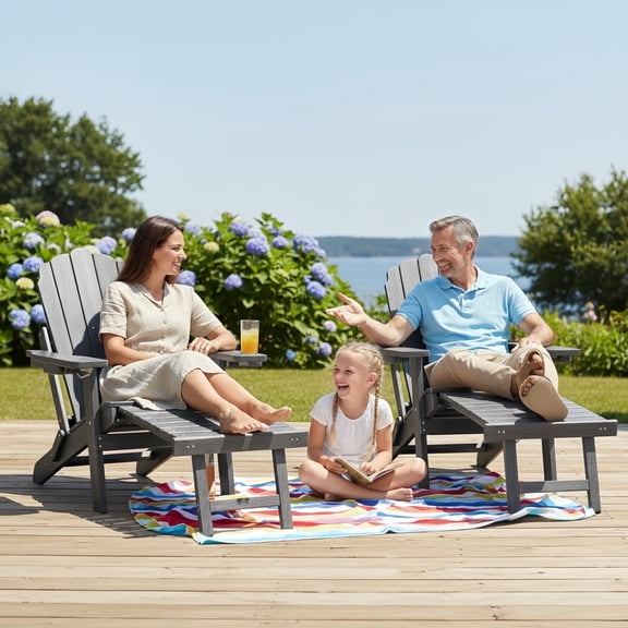 Noelse Folding Adirondack Chair Set of 2, HDPE Adirondack Chairs with Retractable Ottoman and 5-Level Adjustable Backrest, Gray