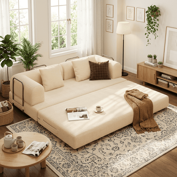 Floor Sofa Bed, Noelse Convertible Sleeper Sofa Couch Boneless Futon with Fixed-Shape Frame and Removable Armrests for Living Room, Cream