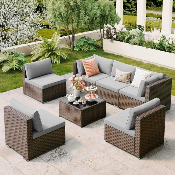 Noelse Outdoor Patio Furniture Set, 7 Pieces Wicker Sectional Furniture Set with Coffee Table for Backyard, Gray
