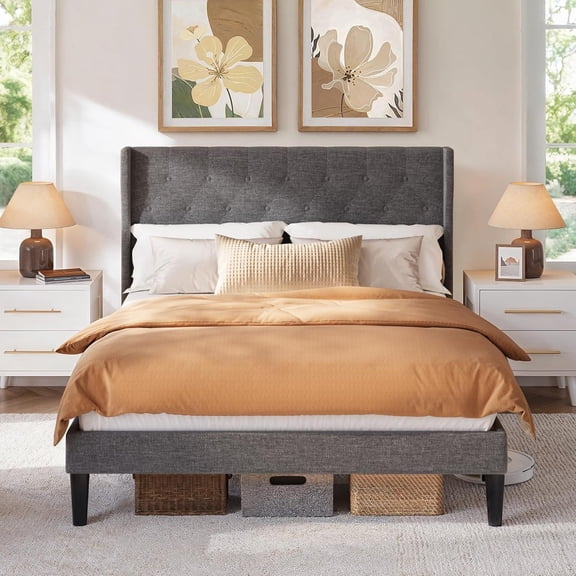 Noelse Full Size Bed Frame with Upholstered Headboard, Bed Frame with Solid Wooden Slats, Under Bed Storage, No Box Spring Needed, Noise-Free, Gray