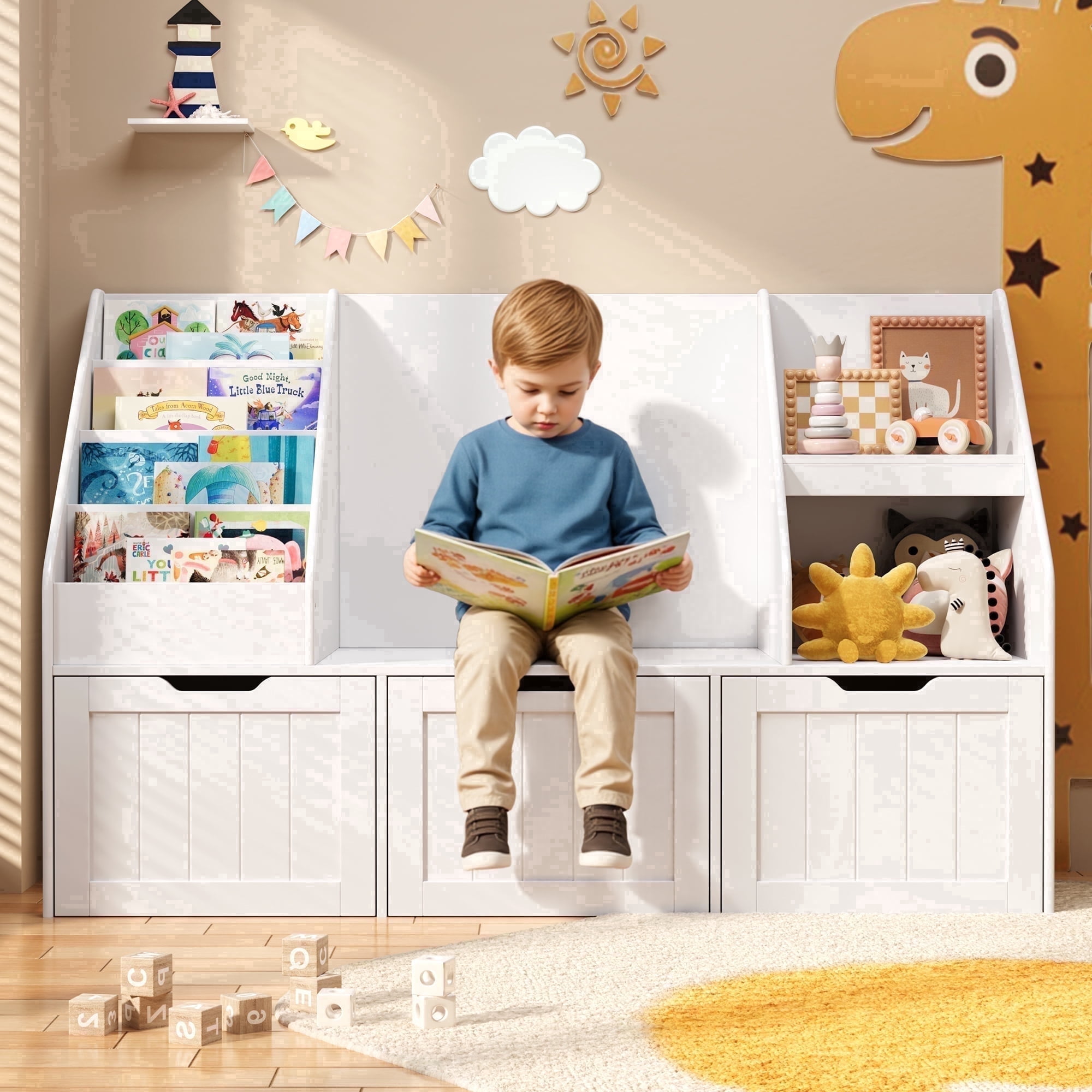 Kids Toy Storage Organizer with Seat Cushion and 3 Movable Drawers, Noelse Toddler Reading Nook and Toy Organizer with Bookshelf and Bench for Playroom, Bedroom, White, Painted