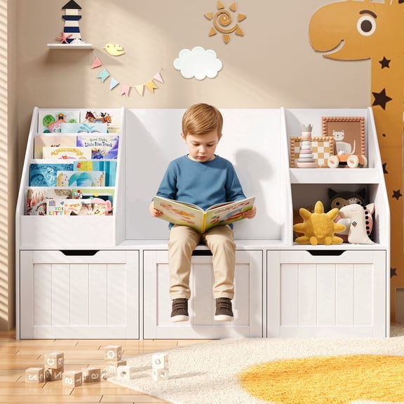 Noelse Kids Bookshelf with Reading Nook, Kids Toy Storage Organizer with 3 Movable Drawers, Kids Reading Nook with Bench for Kidsroom Playroom and Bedroom, White