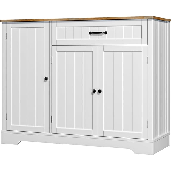 Small Coffee Bar Cabinet with Storage, Noelse Kitchen Sideboard Buffet Cabinet, Kitchen Storage Cabinets with 2 Door and 8 Shelves, 1 Drawer, White and Rustic