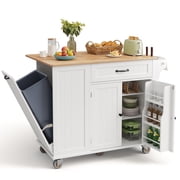 Noelse Large Kitchen Island Cart with Trash Can Storage, Rolling Kitchen Island on Wheels with Drop Leaf, White