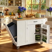 Noelse Large Kitchen Island Cart with Trash Can Storage, Rolling Kitchen Island on Wheels with Drop Leaf, White
